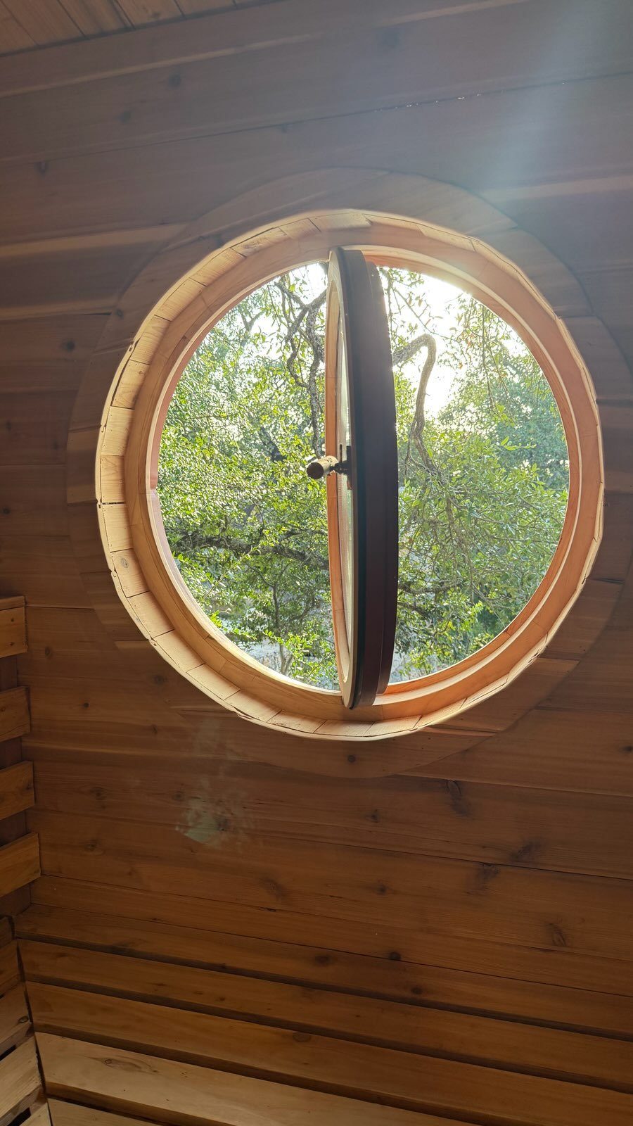 The round porthole window looking out into the trees