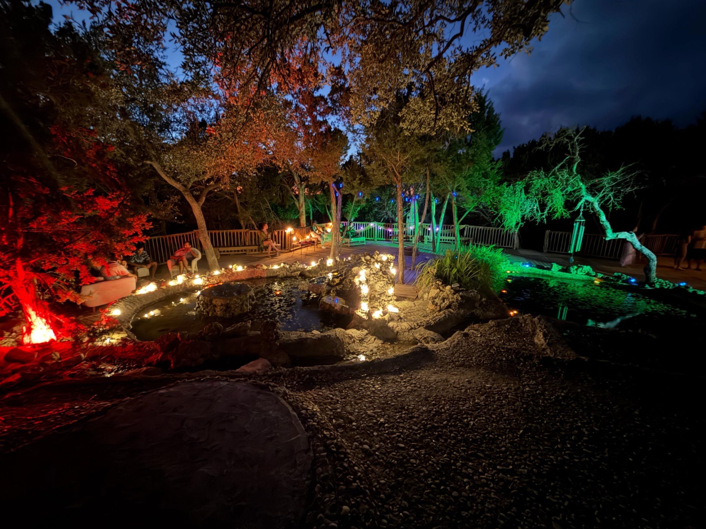 Colored light in the oaks around the pool as the sky went dark