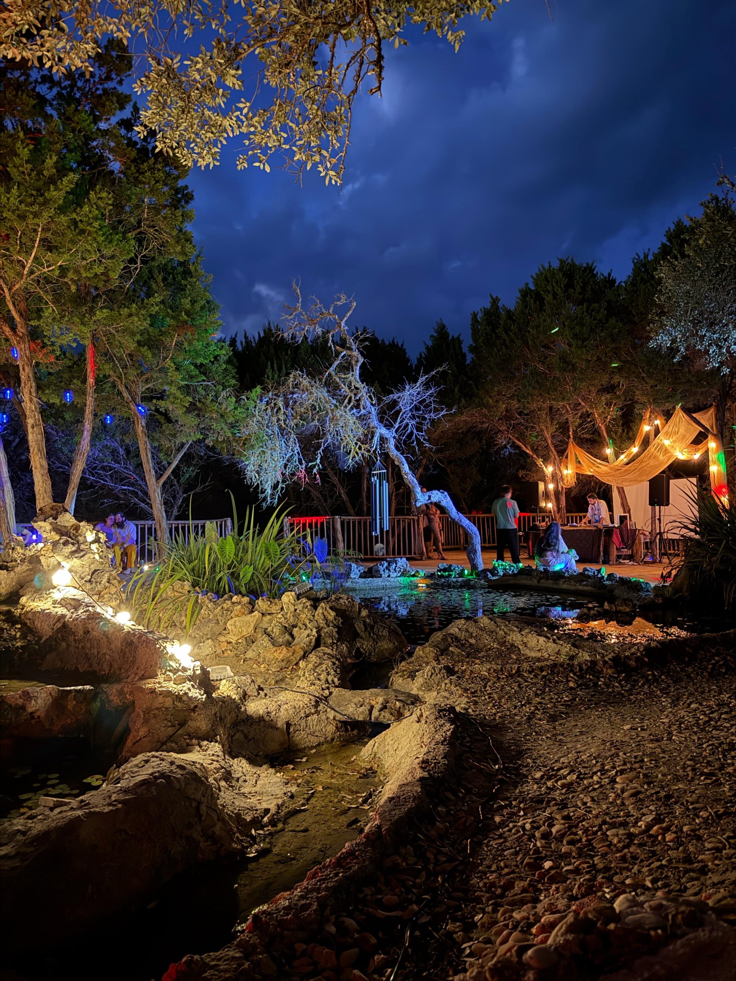 The performance corner glowing across the lily pond at blue hour